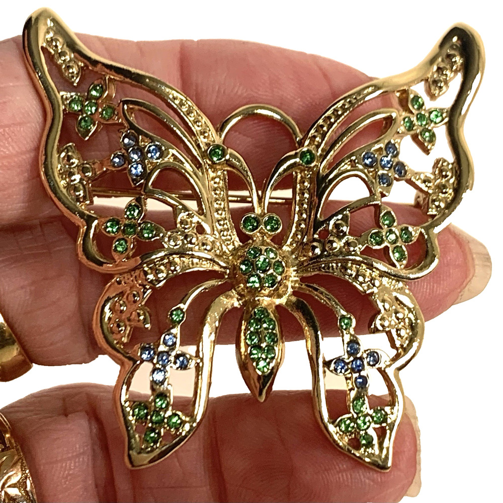 Vintage Gold Tone Filigree Butterfly Brooch Bright Multicolor Rhinestones